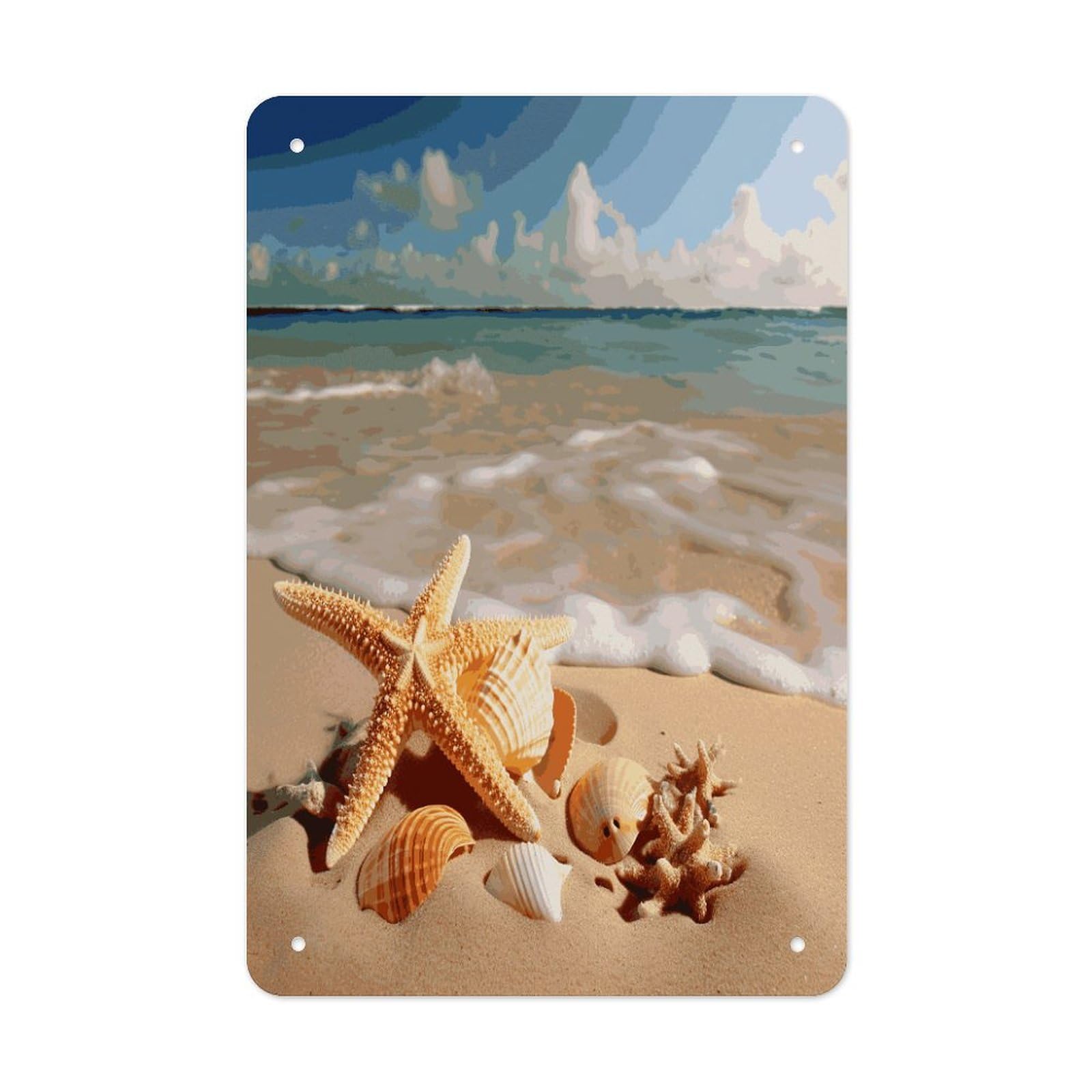 LDGSUPH Seashells Starfish on Beach Wall Art Prints Folded Edge Iron Sheet Painting with Holes for Wall Prints Decorative Picture Metal Signboard Decor Painting for Outdoor Indoor Wall Decor