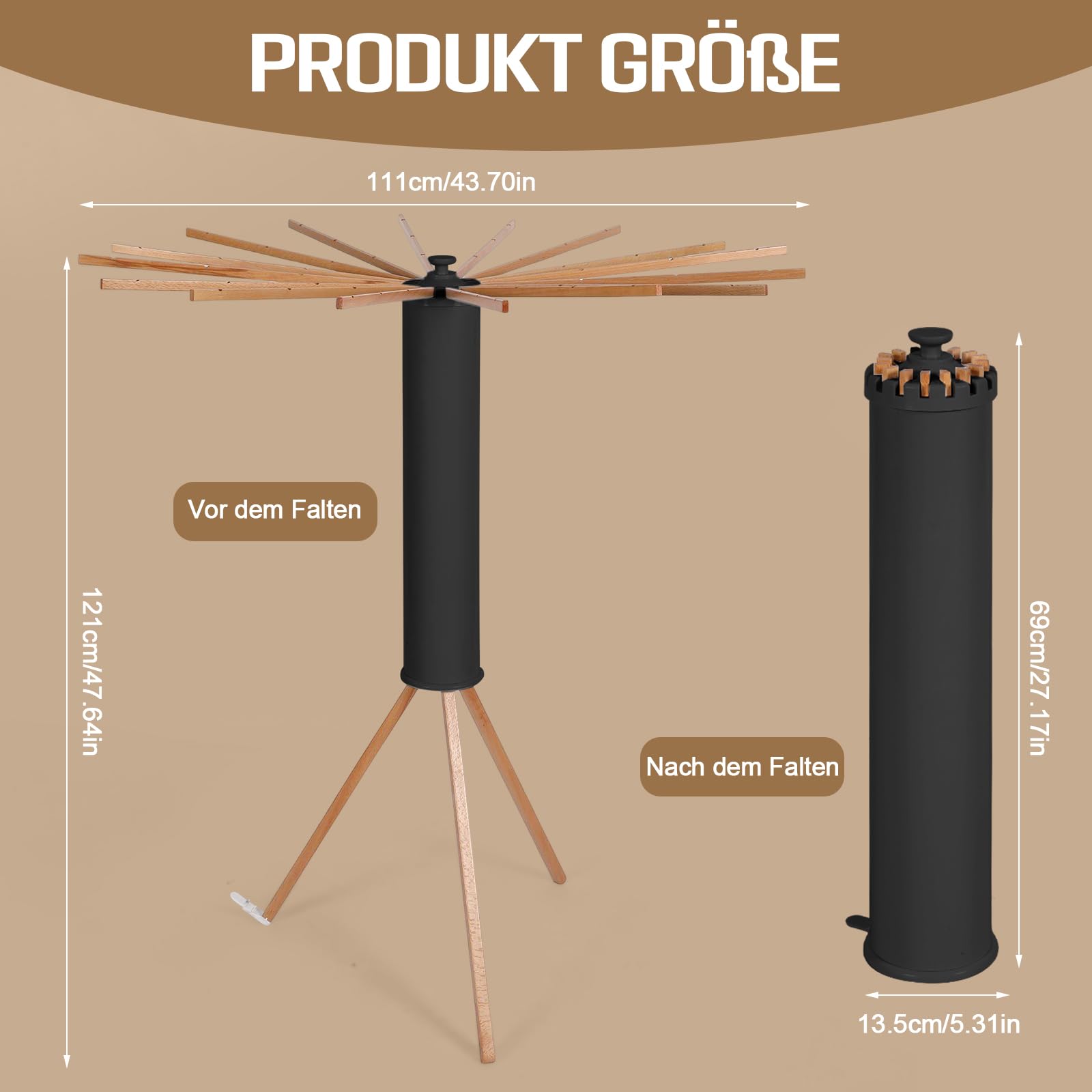 Séchoir à linge pliable peu encombrant avec 16 bras en bois et 48 emplacements suspendus, support de séchage moderne pieuvre, trépied portable pour balcon, intérieur, buanderie (noir)
