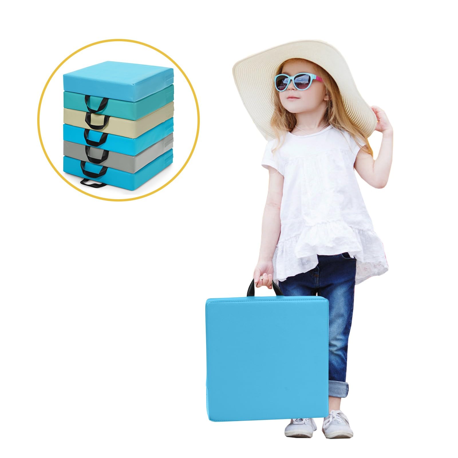 LIFEZEAL Juego de 6 Cojines de Silla para Niños, 6 Cojines de Asiento de Colores con Asa, Cojines de Suelo Apilables de Espuma y PU, Cojín Infantil de Descanso para Habitación Infantil (Cuadrado 2)