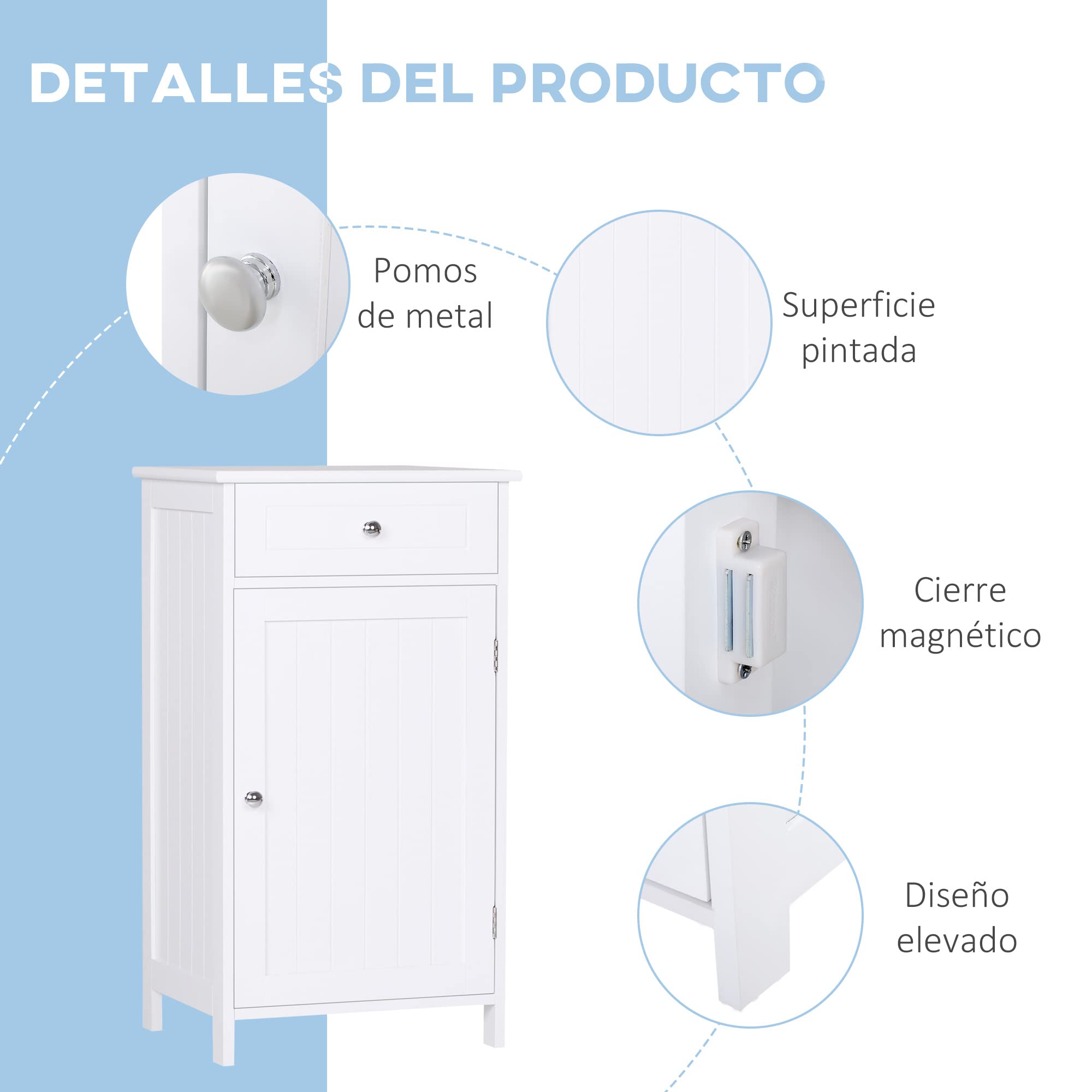 kleankin Armario de Baño con 1 Cajón 1 Puerta Antivuelco 43x34x77 cm Blanco | Estante Ajustable Interior, Mueble Auxiliar de Almacenaje, para Salón Cocina