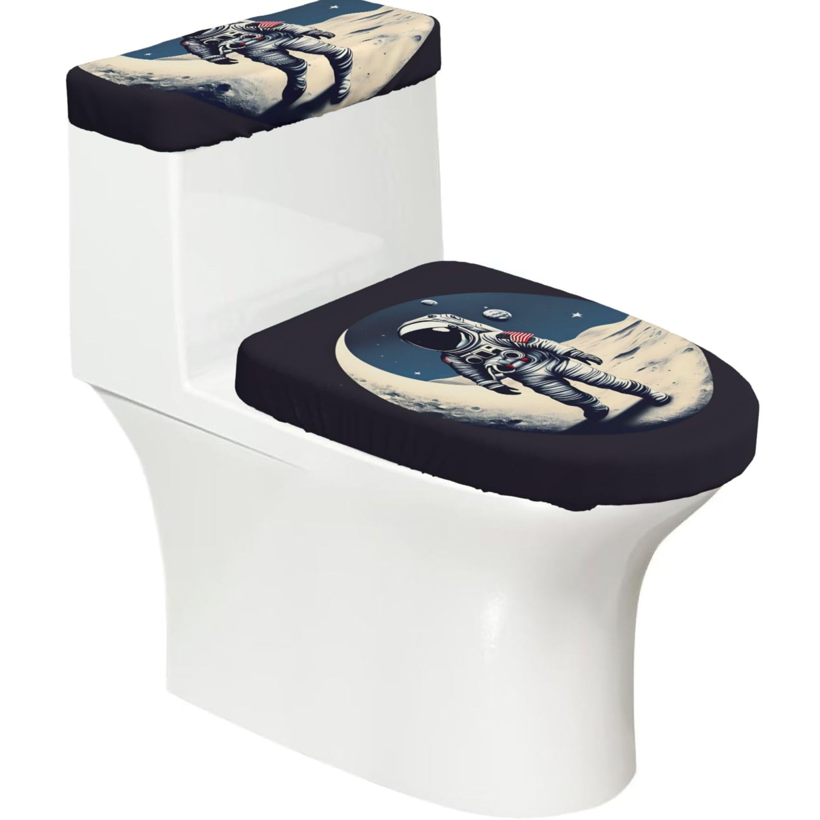 Astronaut On The Moon Print Stretch Toilet Covers Set, Polyester Covers Replacement For Fits Most Size Lids Bathroom Decor