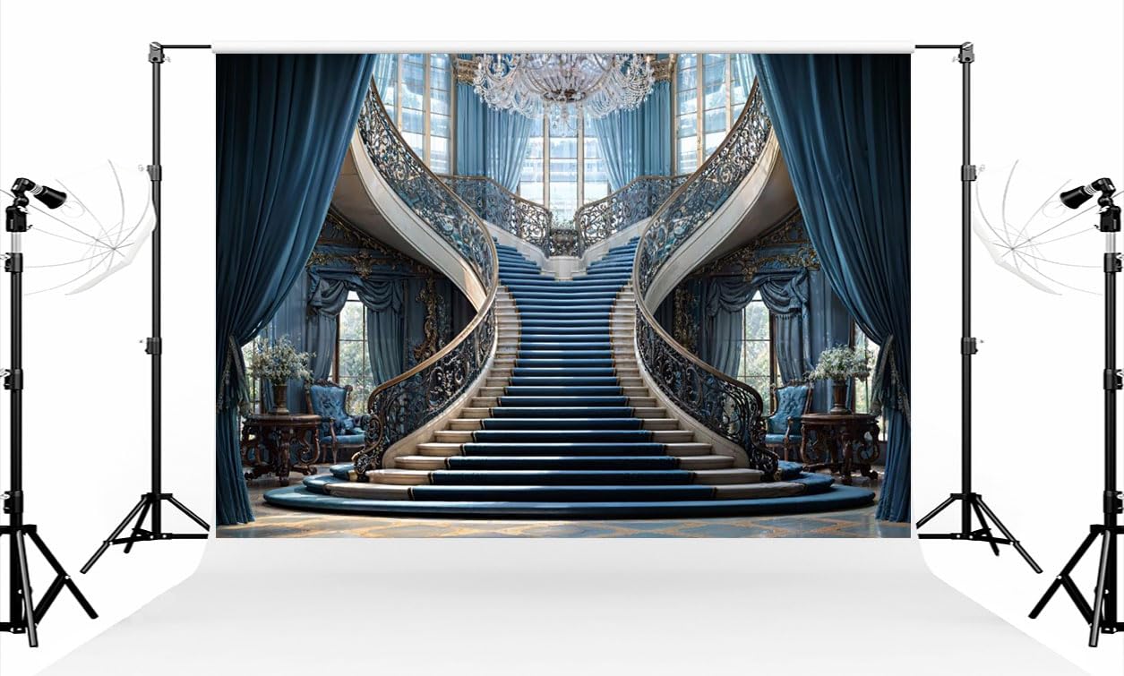 Kate 7×5ft (2.2×1.5m) European Luxury Blue Photo Backdrop Classic Staircase Crystal Chandelier Curtains Interior Photography Background for Photo Studio Photographer Props