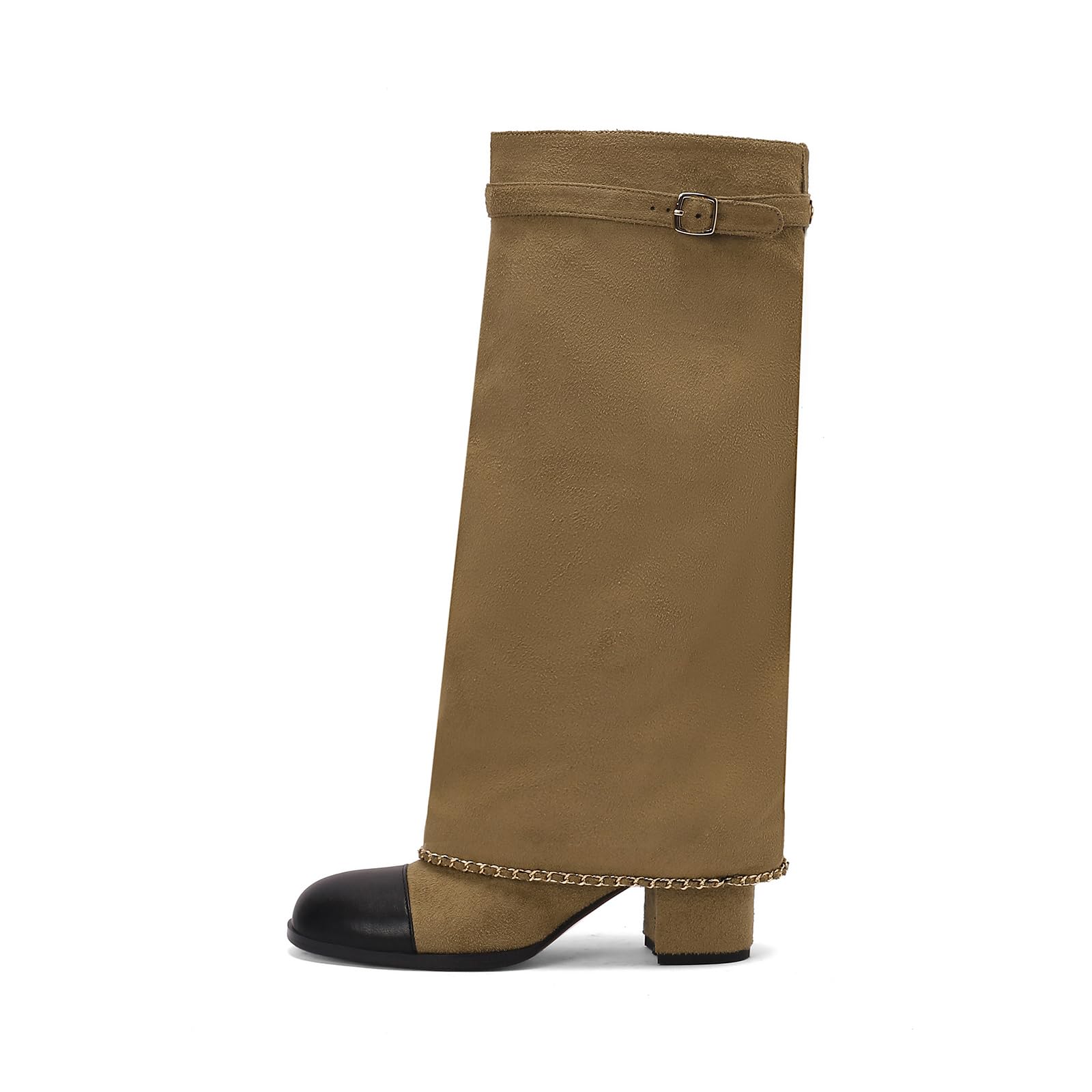 Black Knee high boot womens Fold Over black suede boots for women Round Toe Chunky heels Pull on