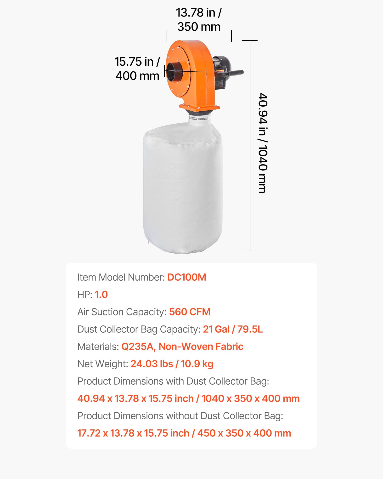 VEVOR Extractor de Polvo de Pared, 1 HP, 951,45 m³/h, con Bolsa Colectora de Polvo 2,5 Micras y 79,5 L, Extractor de Virutas a Carpintería, Talleres y Fábricas Industriales, 1040 x 350 x 400 mm