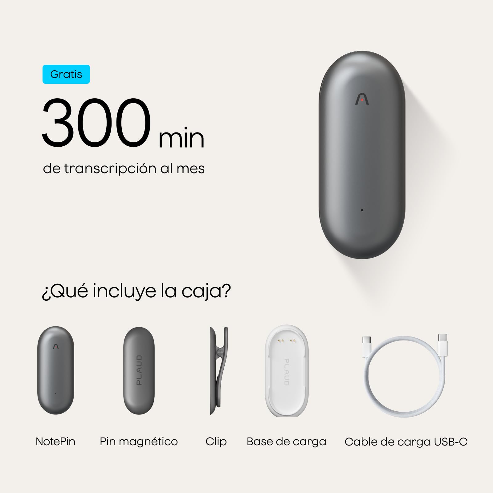 Plaud NotePin Grabadora de Voz con IA, Control por App para Tomar Notas, transcripción y Resumen con IA, soporta 112 Idiomas, 64 GB, para conferencias, reuniones, Teams, Gris Cósmico