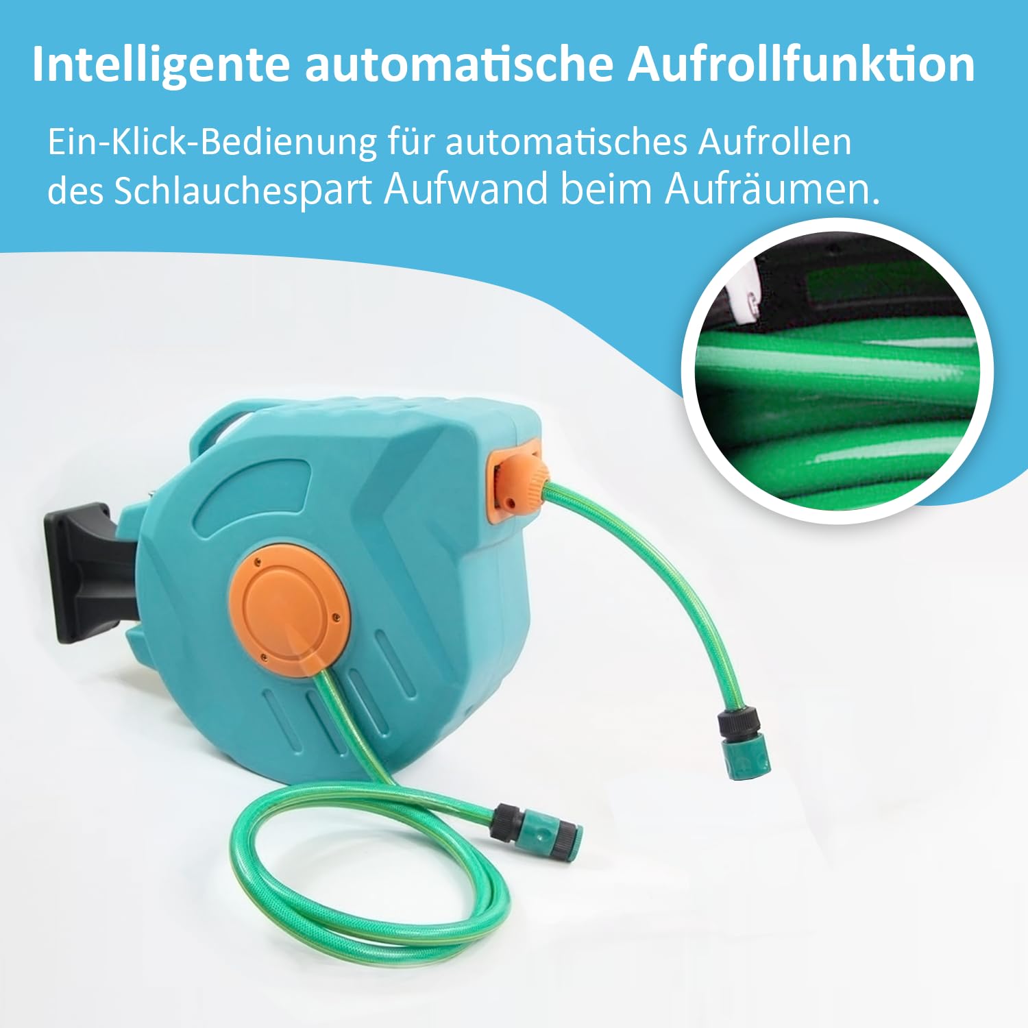 Kurflo Wand-Schlauchtrommel 20 m, Tragbare Schlauchtrommel, Automatischer Rückzug, mit Multifunktionsdüse & 180°-Drehbügel, Rostfrei, Geeignet für Gartenbewässerung, Reinigung, Autowäsche