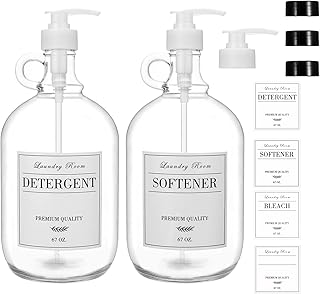 Farmhouse Laundry Detergent Dispenser - Two 1/2 Gallon Thick Glass Fabric Softener Dispenser Container,Liquid Laundry Soap Dispenser Bleach for Laundry Room Organization,No Spill,Waterproof Labels