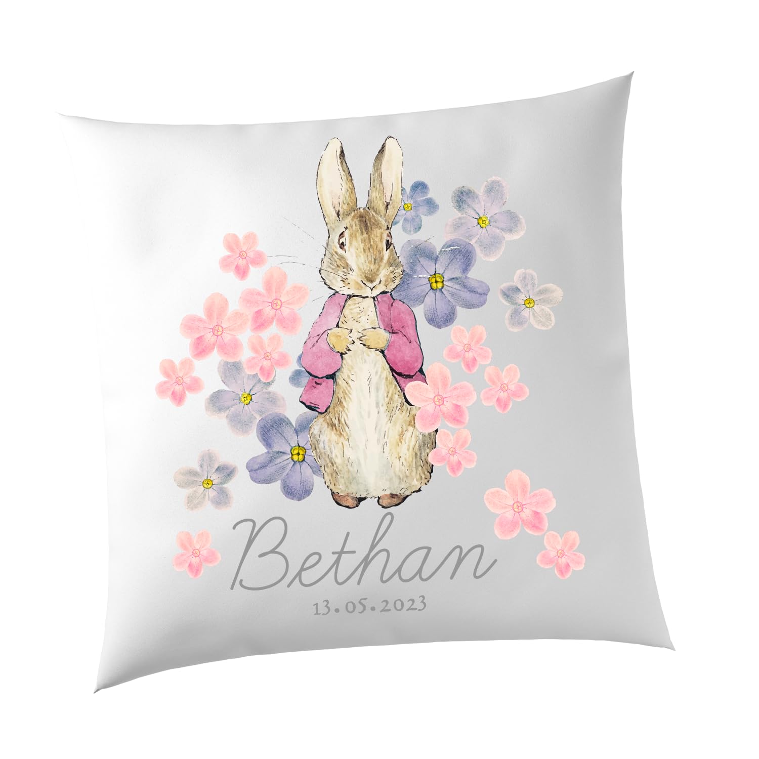 SMARTYPANTS Personalised Pink and Purple Rabbit White Cushion - Animals Kids Peter Rabbit Inspired Baby Name Flowers Date Bedroom Child Home Decor Living Gifts Presents (Cushion Cover)