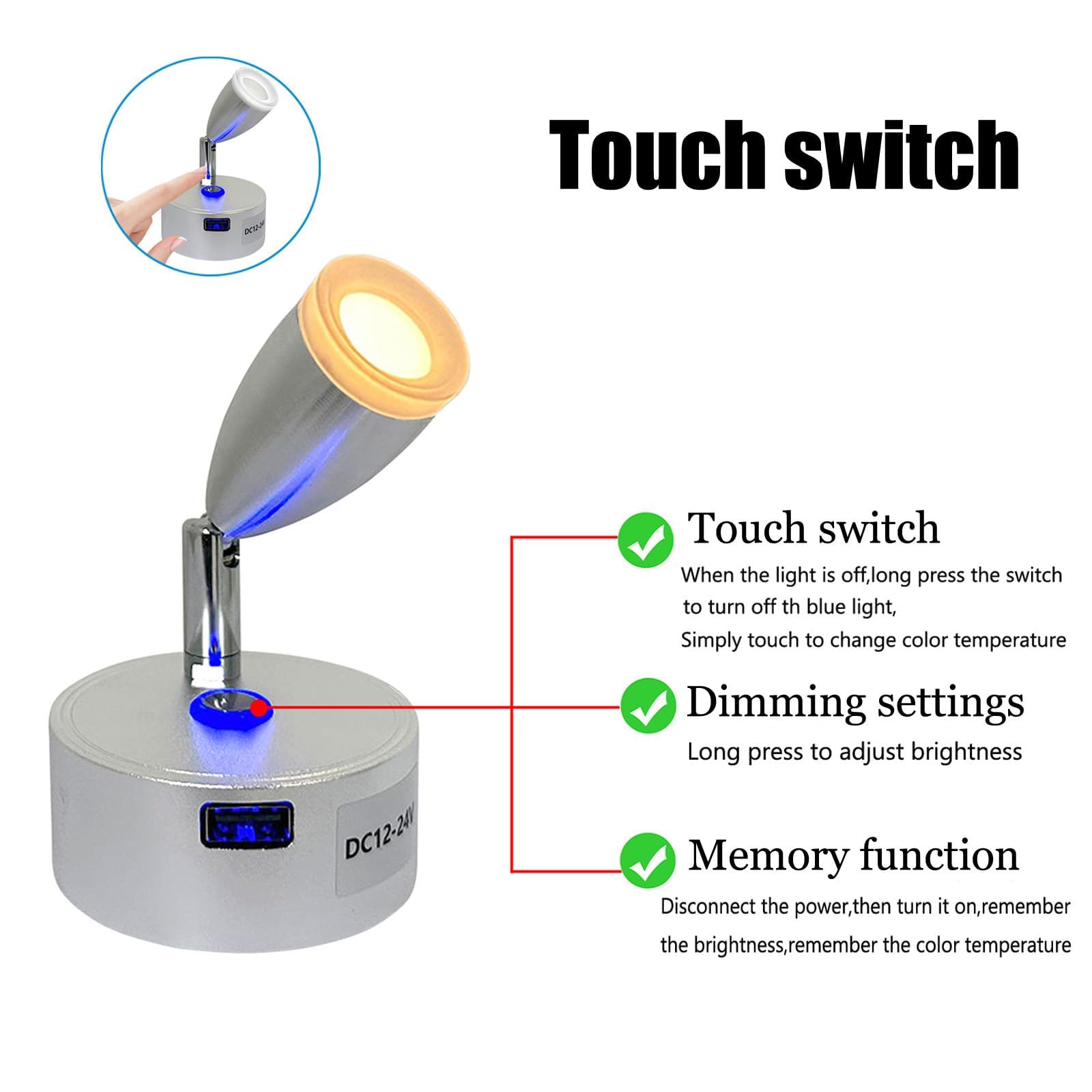 12v Led Lampes Camping-car, 12v Lampe de Lecture Lit, 3 Températures de Couleur, 3w, Variateur Tactile, DC 12-24v Led Spot, éclairage pour Camping car/Voiture/Caravane/Bateau(2 Pièces)