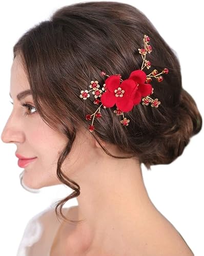 Sither Pinza de pelo rojo para novia, peine floral para mujer, accesorios para el cabello de boda para novia, clip para el cabello para boda,