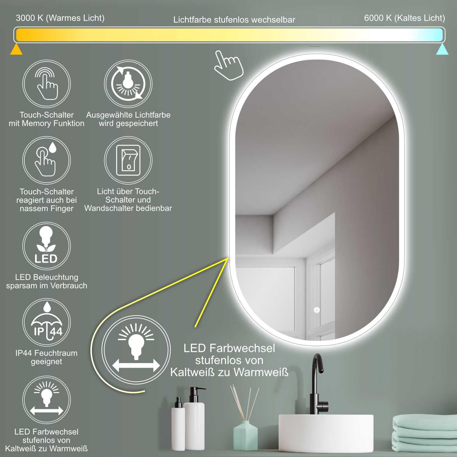 HOKO® Espejo LED Ovalado 50 x 90 cm. Montaje Alto + Transversal. Espejo de baño con iluminación LED para Exterior