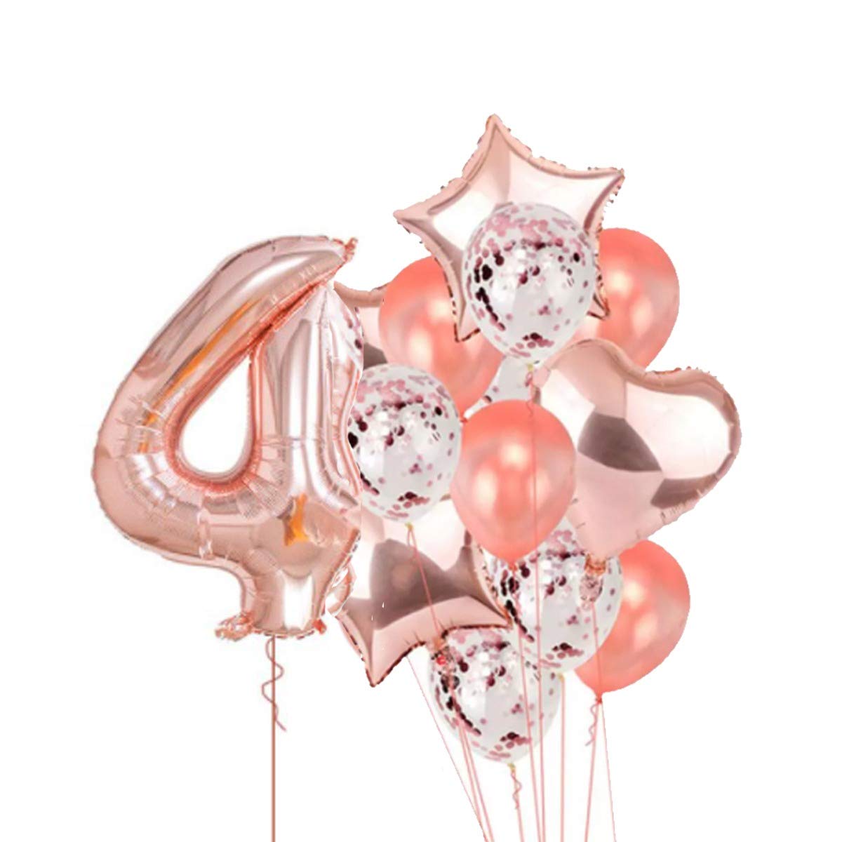 Rose Gold 4 Balloon for 4th Birthday -Large Pack of 15 | Rose Gold Confetti Star and Heart Foil Balloon Bouquet for Party Decoration | Great for 4th Birthday Party Decoration Suplies