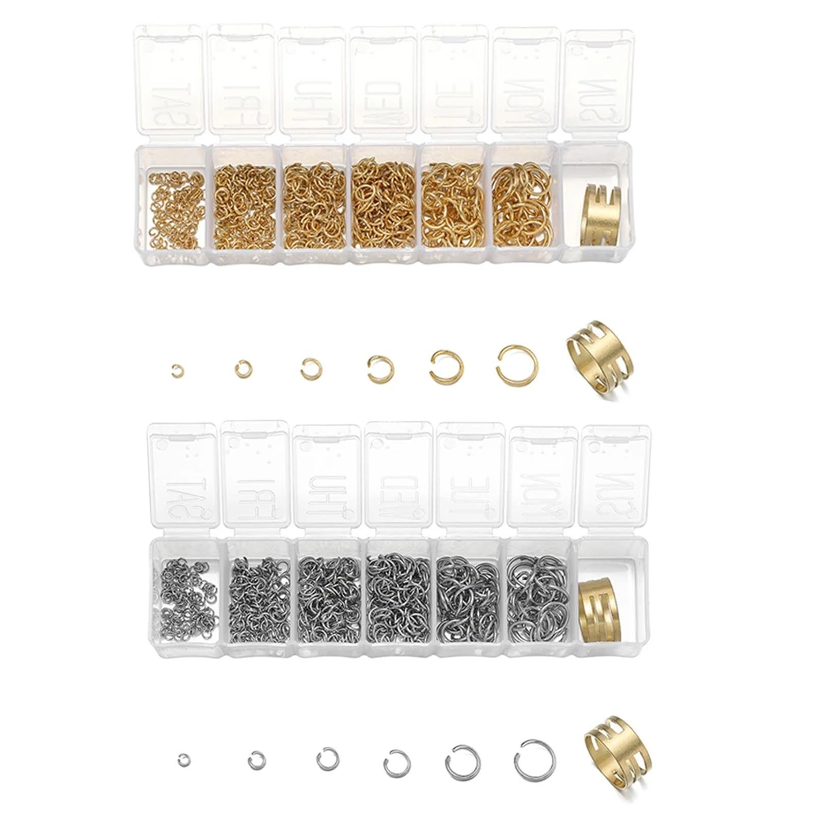 Edelstahl-Binderinge, 8 Boxen, Edelstahl, 7 Größen, goldfarben, Stahlfarbe, offene Binderinge-Sets für DIY-Armbänder, Halsketten, Schmuckherstellung, Zubehör (Gold)