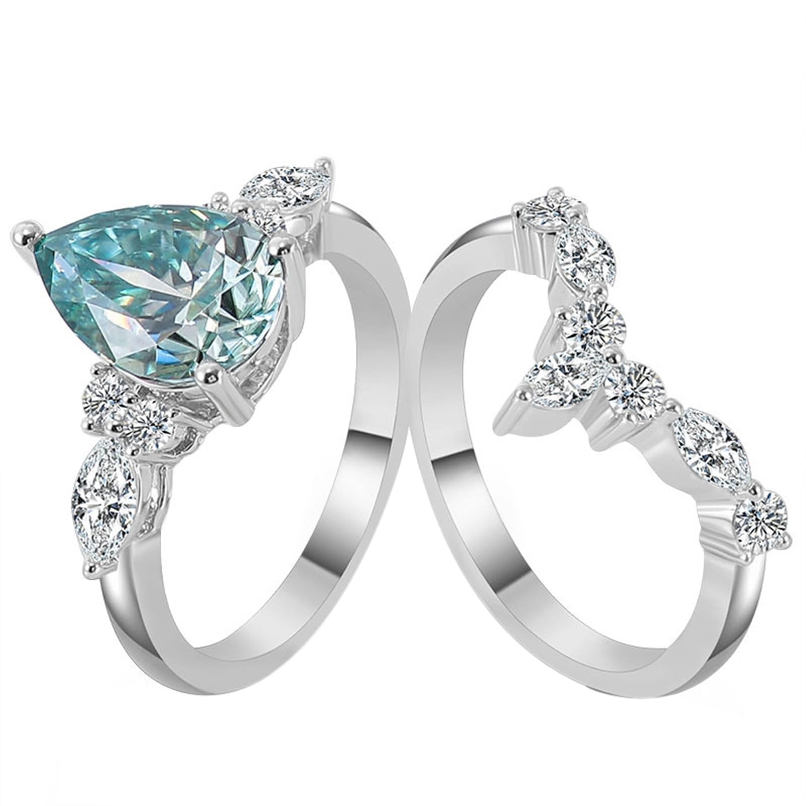 Anello da donna in oro bianco 18 carati, con incisione, set da 2 fedi nuziali, anello di fidanzamento 750 in vero oro bianco con moissanite 2 carati, misura 60 (19,1)