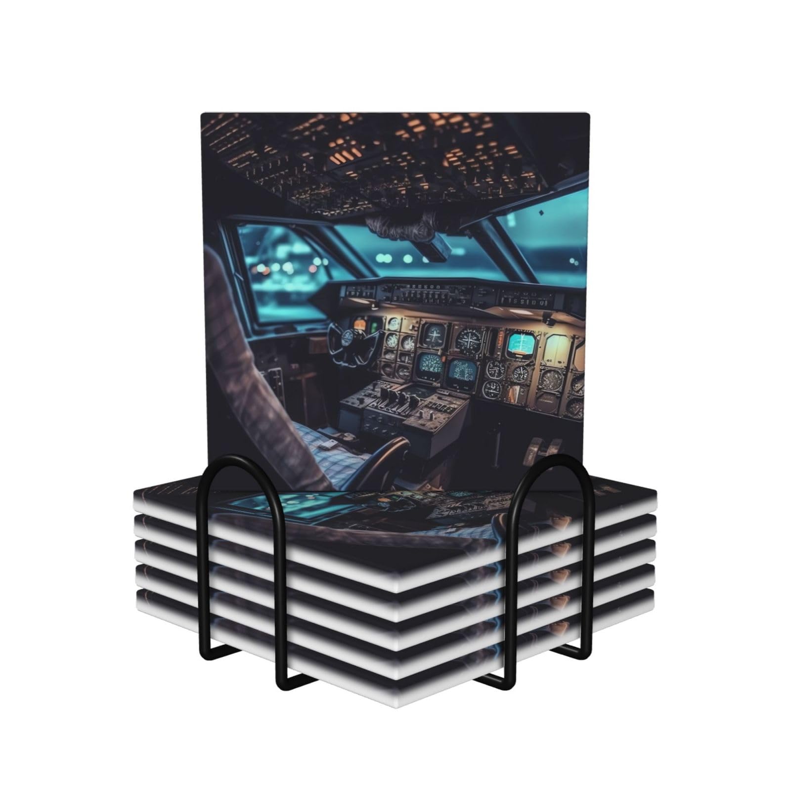 Airplane Cockpit Print Coasters for Drinks Set of 6 with Holder Cork Base Cup Coaster Absorbent Ceramic Cup Mat for Home Dining Room Decor