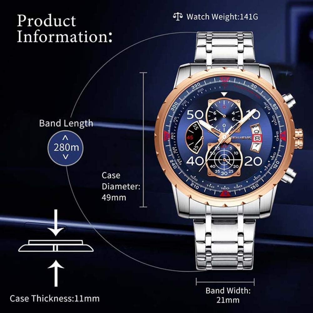 Ourui Orologi Da Polso,Orologio Al Quarzo Con Quadrante Grande A 3 Occhi E 6 Lancette Con Funzione Calendario, Blu Argento