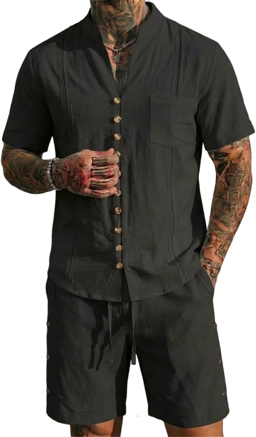 CHUUMEE Men's 2 Pieces Set Short Sleeve Button Down Shirt Side Button Shorts Summer Beach Yoga Matching Outfits