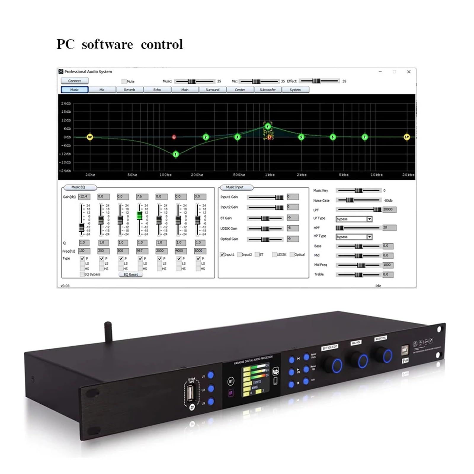 Efector Frontal De Karaoke, Procesador De Audio Digital, Preefectos KTV, Procesador De Efecto Eco DSP De 32 Bits Con Software For PC, Bluetooth