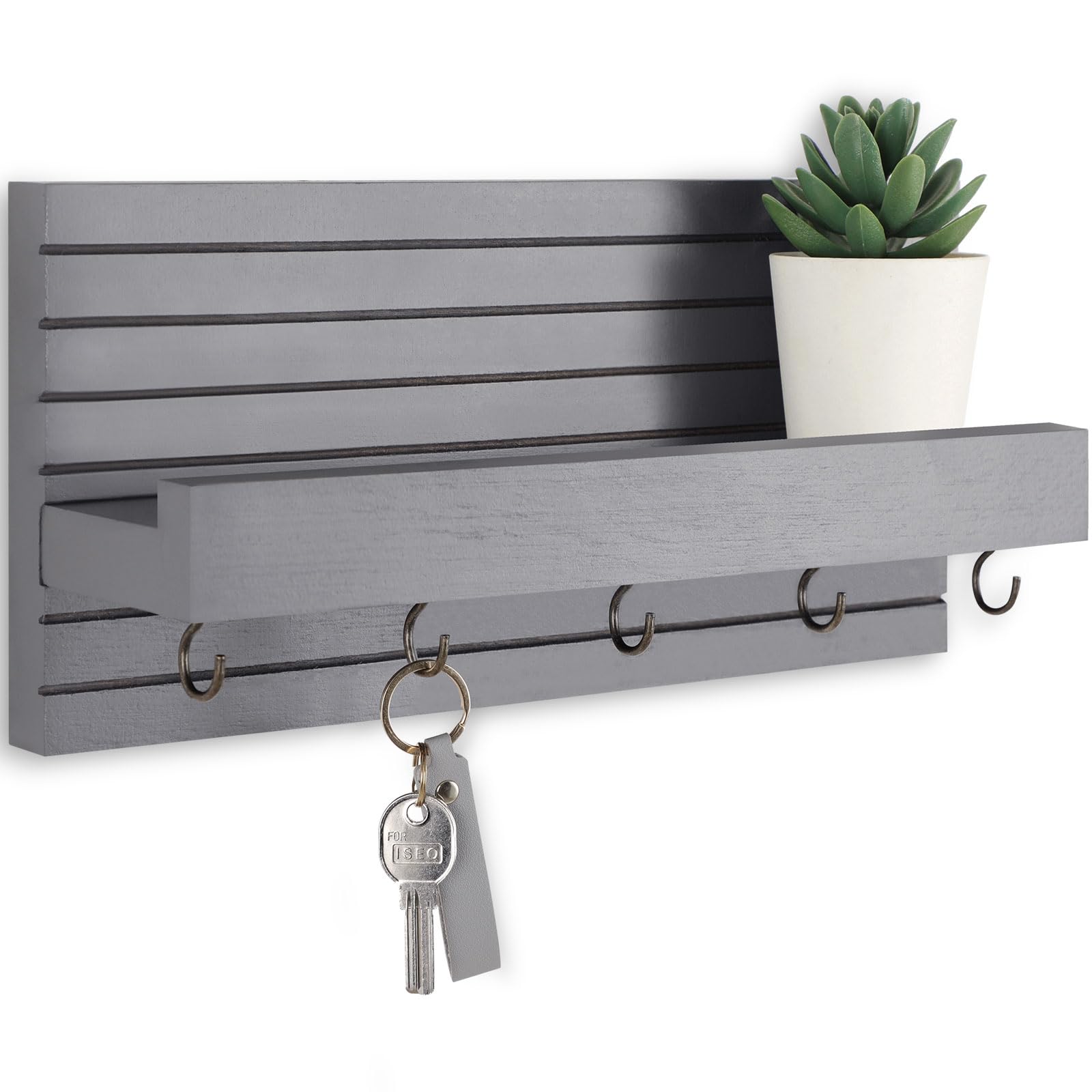 Porte-clés mural avec étagère en bois gris 30x14 cm pour l'entrée