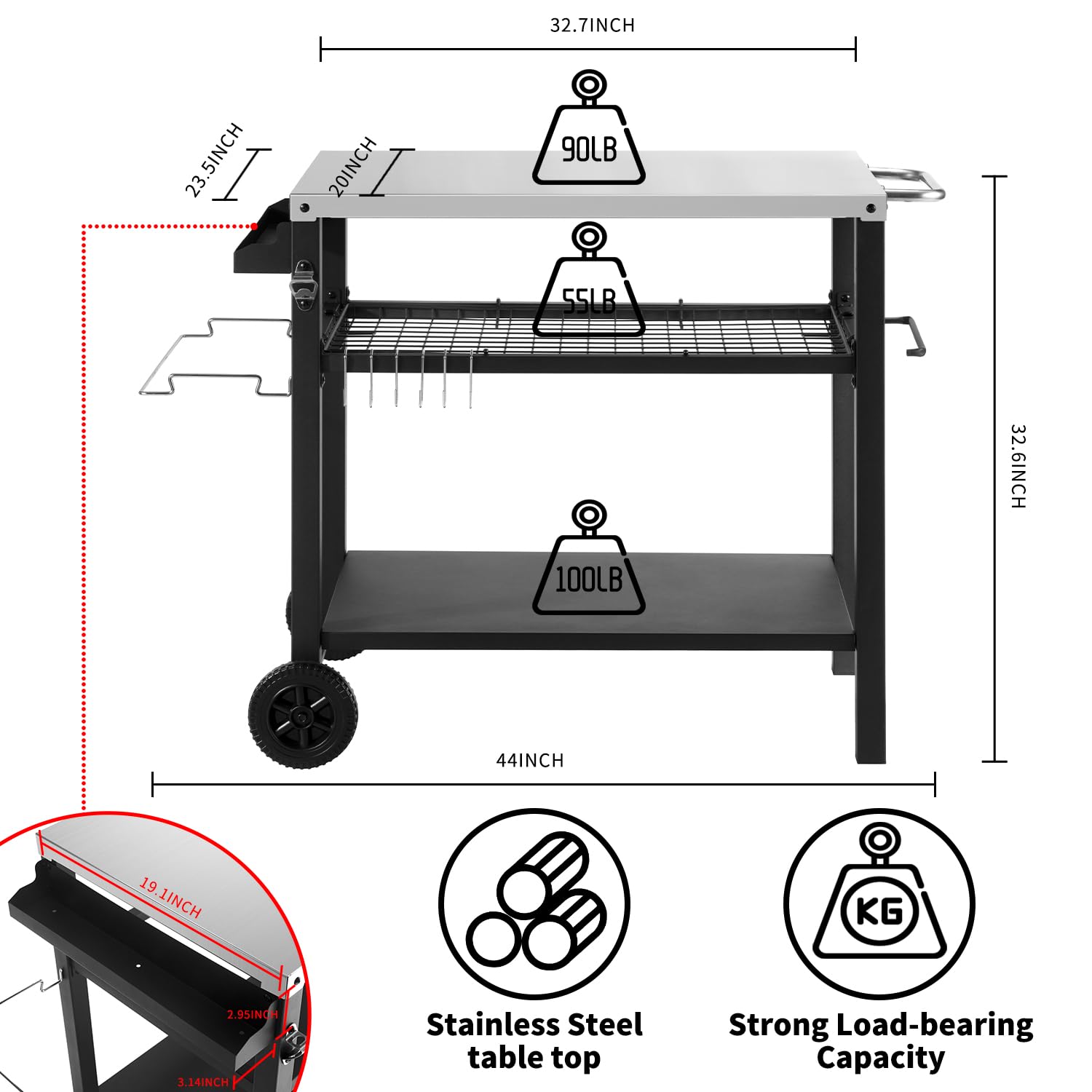 Kendane Grill Cart Table With Three Shelf, Movable Outdoor Dining Cart