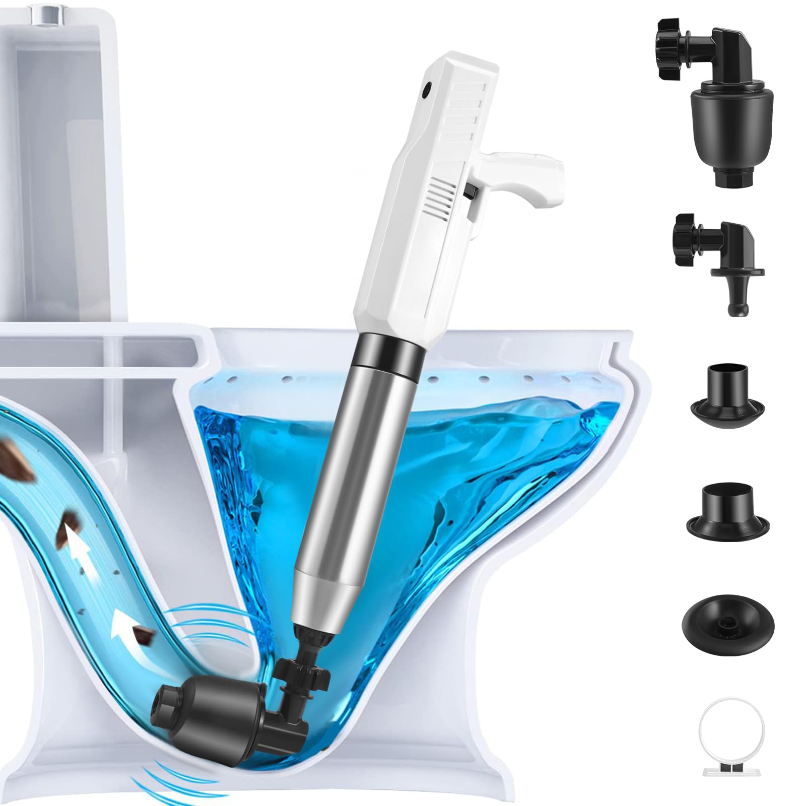 Déboucheur WC Électrique, Déboucheur de Toilette Haute Pression, Déboucheur Canalisation Air Comprimé avec 4 Têtes Remplaçables, pour Déboucher les Toilettes, Drain de sol, Lavabo, Baignoire
