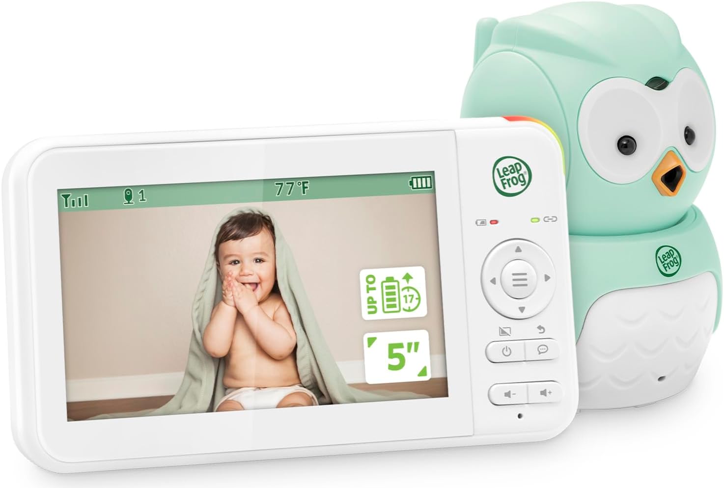 LeapFrog LeapView Twoo Video Baby Monitor (Non-WiFi), 5-Inch Screen, 360° Coverage Owl Camera | 31-Hr Battery, 1,000ft Range, Secure FHSS, VOX, Two-Way Talk, Temperature | Blue