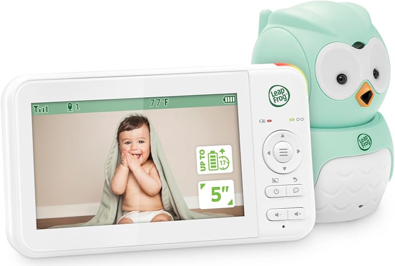 Cámara y audio para monitor de bebé sin WiFi LeapView Twoo, pantalla de 5" | Cámara Owl con cobertura de 360° | Batería de 31 horas, alcance de 1,000 pies, FHSS seguro, VOX, conversación bidireccional, temperatura | Azul