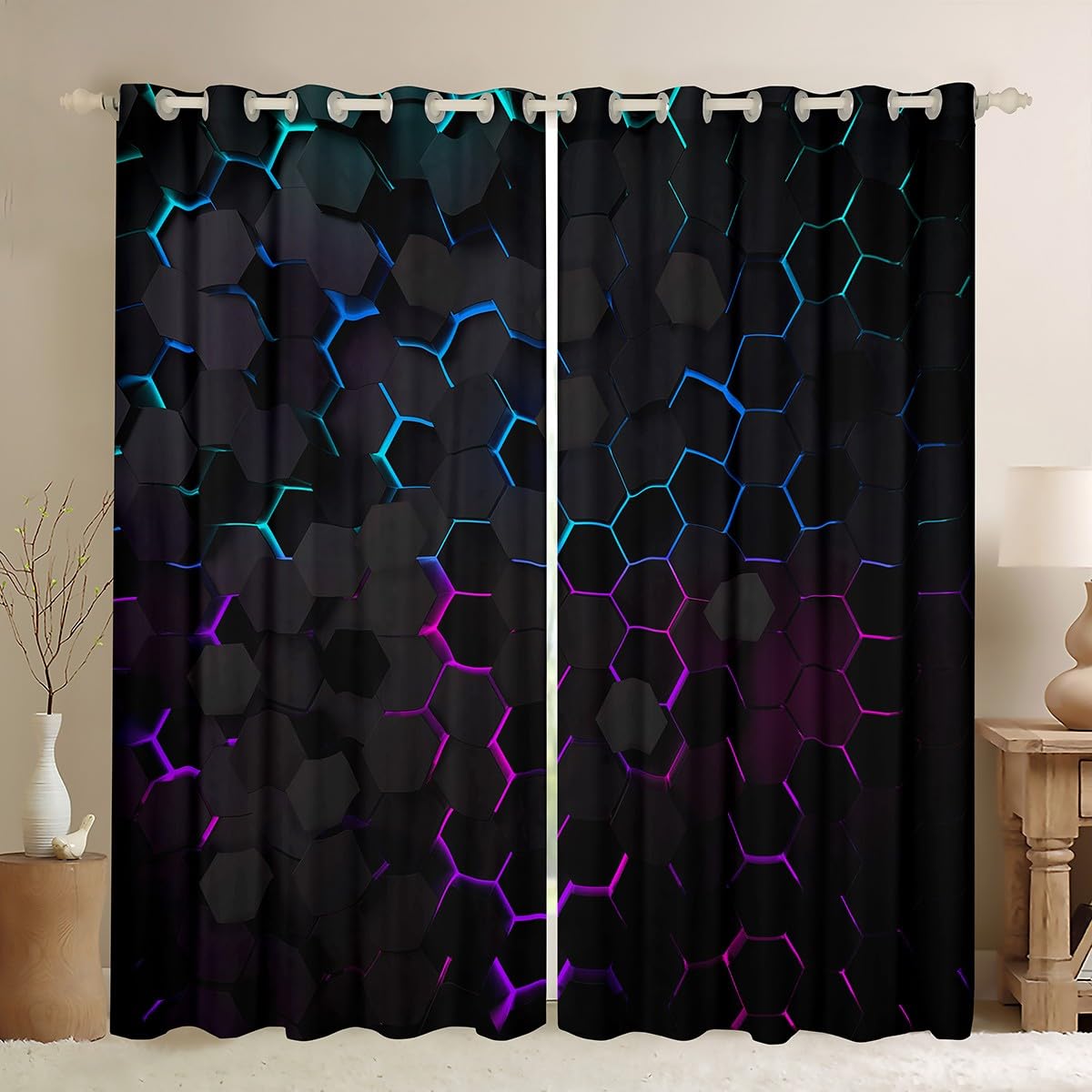 Manfei Honeycomb Window Curtains Geometric Hexagon Print Window Treatments Colorful Neon Lights Window Drapes for Kids Boys Room Decor Grommet Top 2