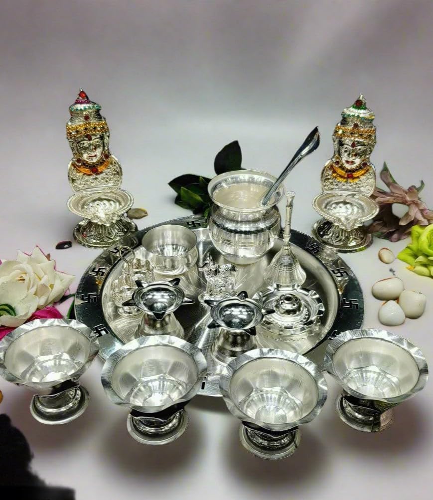 indiancraftbykanika Silver Plated 16 Pieces Pooja thali Set for Housewarming Pooja/Diwali