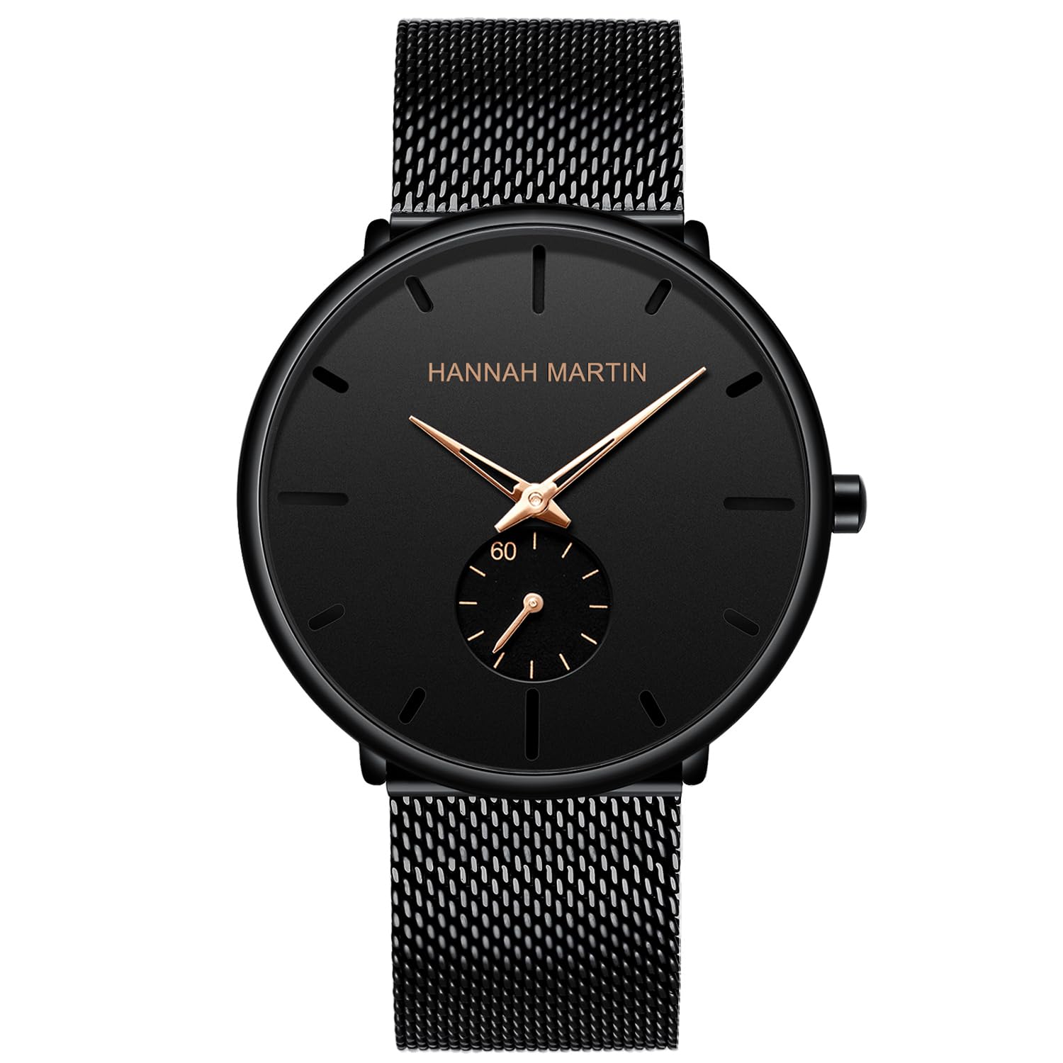 Orologio da polso da uomo, alla moda, nero, ultra sottile, minimalista, unisex, con cinturino in maglia in acciaio inox