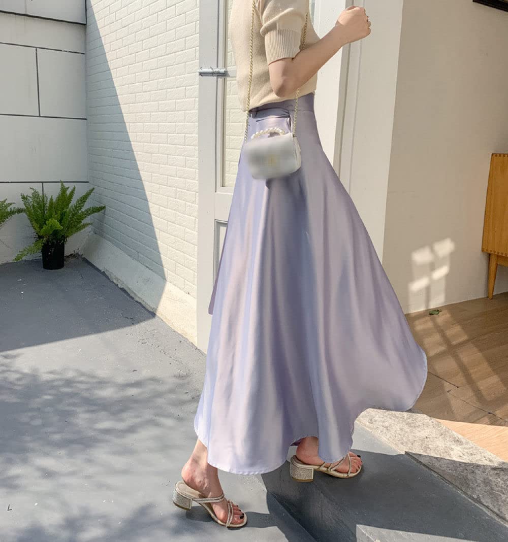 OZEO Rock Damen,Damen Flieder Satin Midiröcke Hohe Taille Schnürrock Überlappung Rüschen Wickelrock Sommer Schlitz Unregelmäßig A-Linie Swing Geraffte Elegante Lange Röcke Für Mädchen Damen,S
