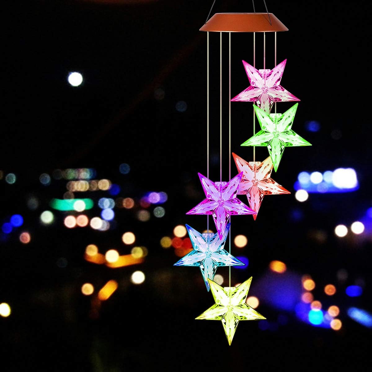 Amazing Wind Chime Color Changing Solar Mobile Wind Chimes Lights Xmas Decoration Light Lucky Hanging Wind Bell Light Night Hanging lamp for Patio Garden Lighting Home Decoration (Stars)