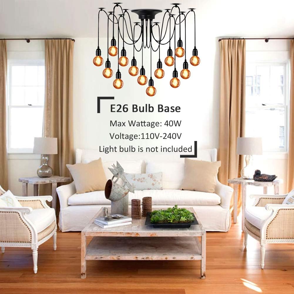 Lampundit 14-Light Chandelier, Adjustable DIY Ceiling Spider Pendant Lighting, Industrial Hanging Light Fixture (Each with 6ft Wire)