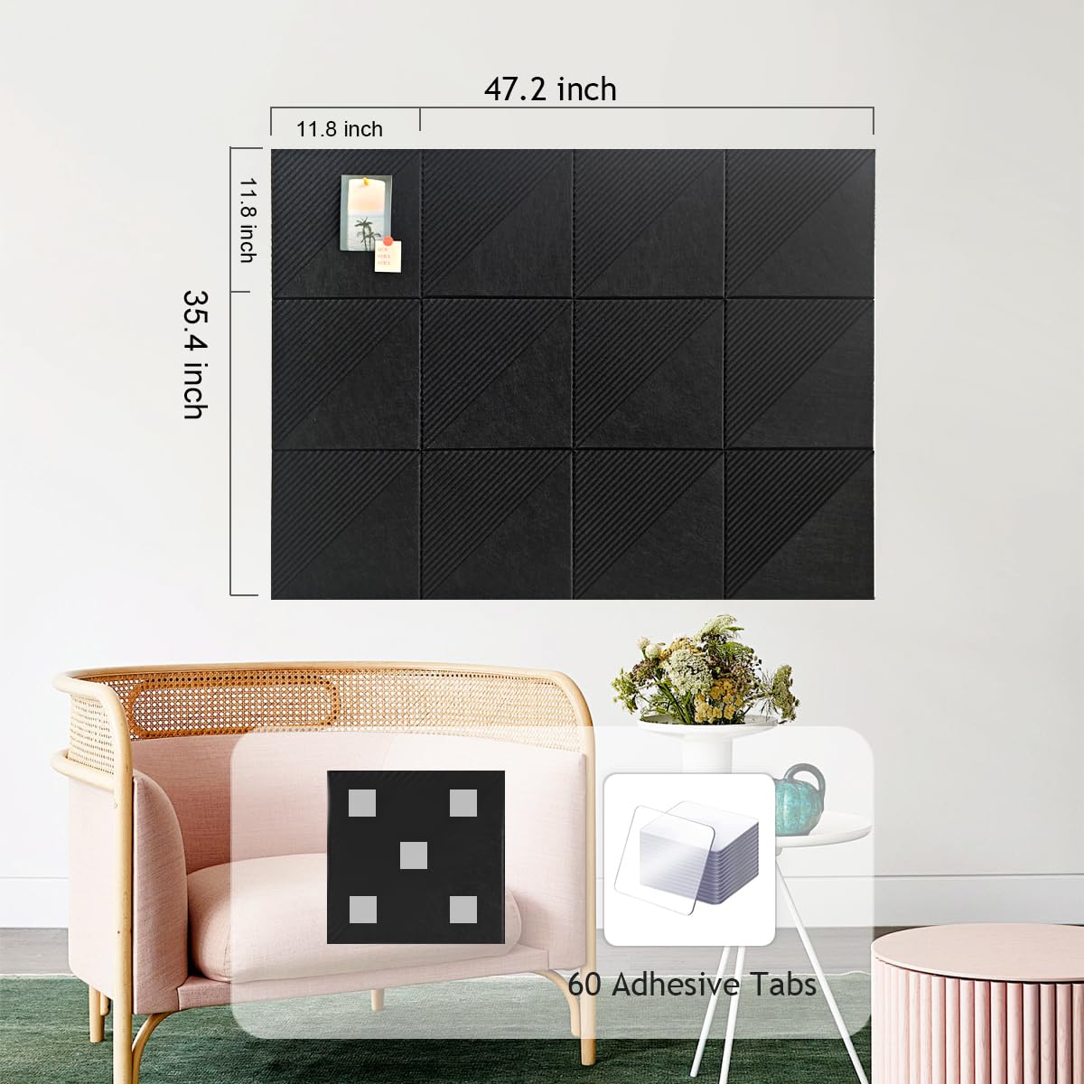 Tablero de corcho grande para paredes de 48 x 36 pulgadas, paquete de 12 azulejos de fieltro con pestañas adhesivas extraíbles seguras y chinchetas transparentes, tablero de corcho para oficina