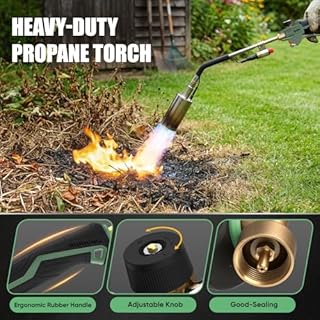 Propane Torch Weed Burner Heavy Duty-340,000 BTU Weed Torch with 2 Extension Modes, Piezo Trigger(Self Igniting)&12.5ft Hose, Multi-Fuel Compatible(1lb-100lb) for Weeds, Ice Melting, Roofing, Green