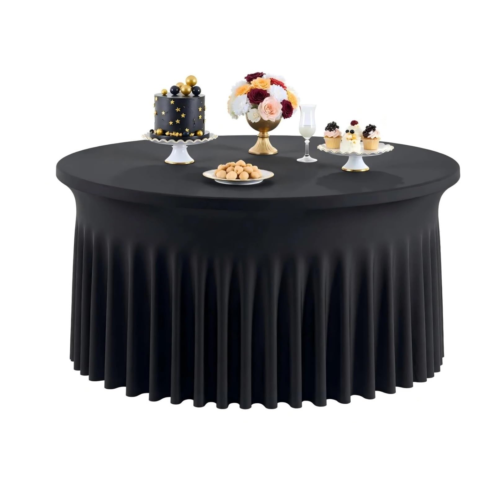 DUEXIOLY Round Table Skirt Round Spandex Tablecloth, Wrinkle-Free Elastic Ruffle Table Skirt for Weddings, Banquets, Parties, Events For the party(Black,6ft 1pack)