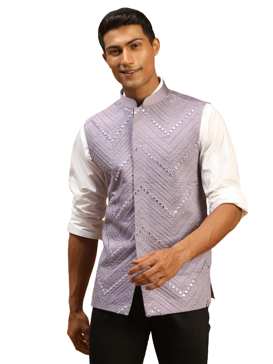 vastramay Men's Mirror Work Nehru Jacket | Mirror Work Chevron Pattern Chic Jacket For Men-picture-33