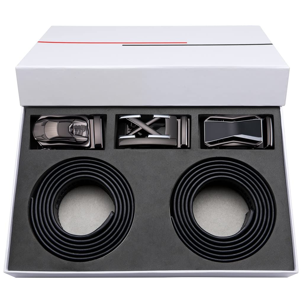Leather Men Belts Automatic Ratchet Buckle Belts Black Cowhide Male Strap with 3 Buckles Box Set Gift Color