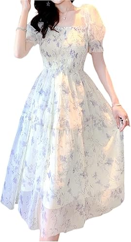 QNNGXX Summer French Vintage Floral Chiffon Dress Square Collar Puff Short Sleeve Ink Painting Dress Korean Dress