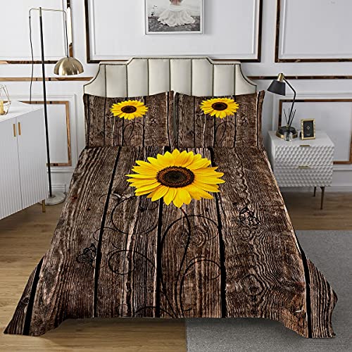 feelingyou Colcha de girasol, 170 x 210 cm, diseño de flores amarillas, juego de edredón para habitación de niños, casa de campo, rústico, marrón, decorativo, acolchado con 1 funda de almohada, 2