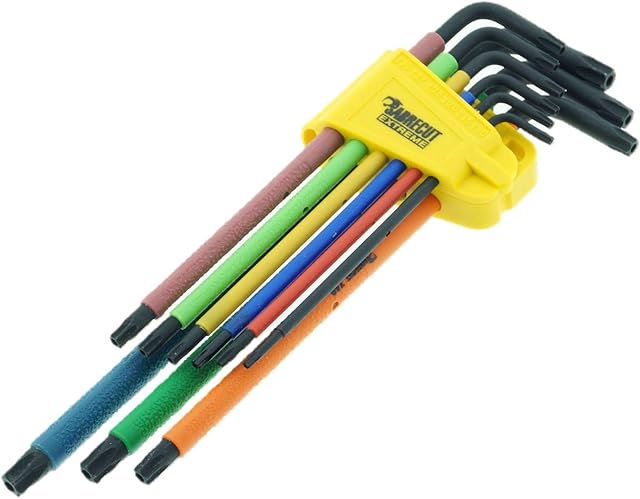 9 Piece SabreCut SCTX009B Soft Grip Black Oxide Extra Long Torx Security Key Set with Colour Coding - Sizes T10-T50