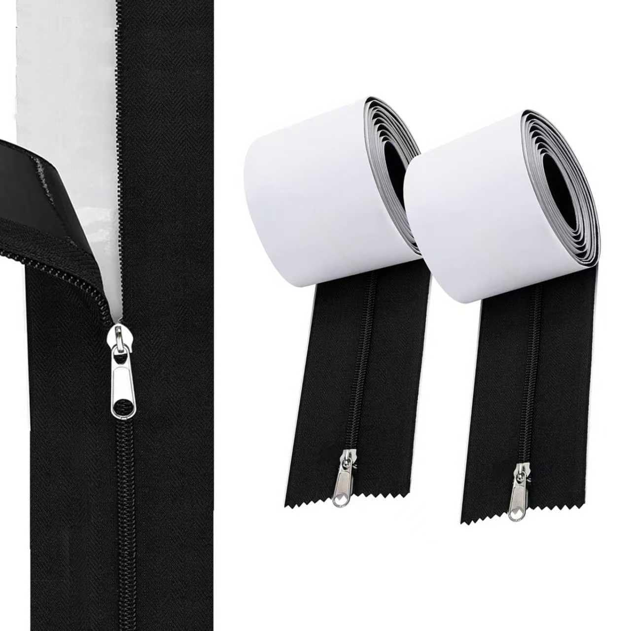 2 Pack Heavy Duty Self Adhesive Zips 213 cm x 7.6 cm Instant Door Dust Protection Self-Adhesive Tarp Double Black Zip Fastener Set for Dust Protection Walls, Tents and Construction Zones Wit