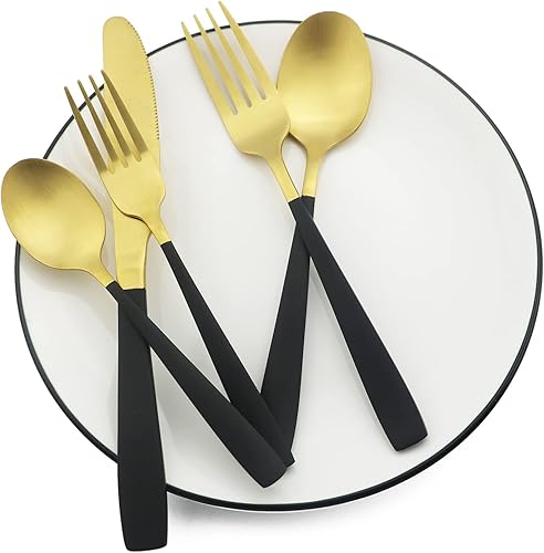 Miniatura 6 de JASHII Juego de cubiertos cuadrados de acero inoxidable mate negro y dorado, cubiertos para 4, cocina, restaurante, fiesta, utensilios de cocina,
