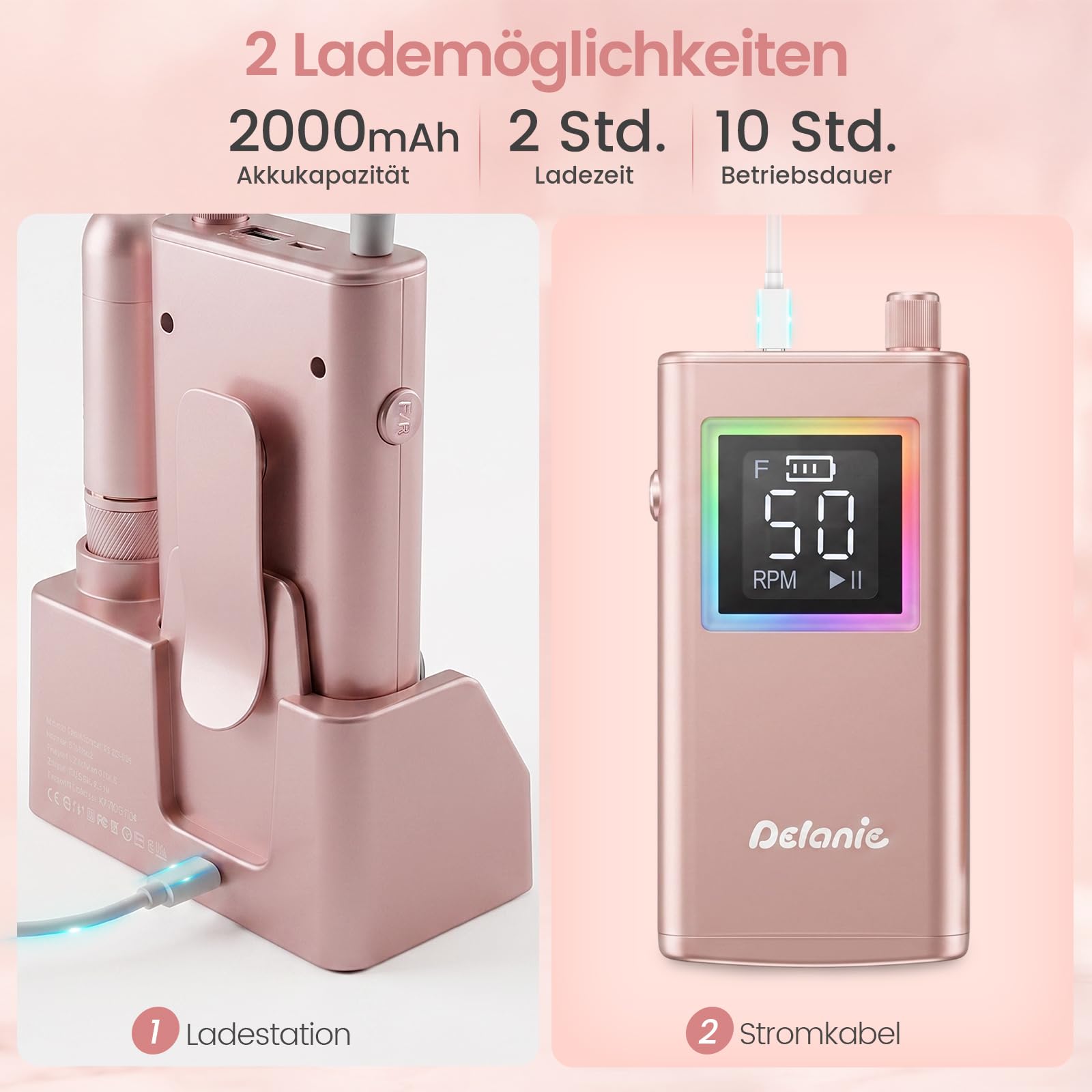 Delanie elektrischer Nagelfräser professionell 50000 U/Min mit Ladestaion, Maniküre Fräser für Nägel & Acrylnägel, tragbarer Nagel Fräser für Gelnägel für Anfänger Zuhause & Salon Profis +12 Nagelbits