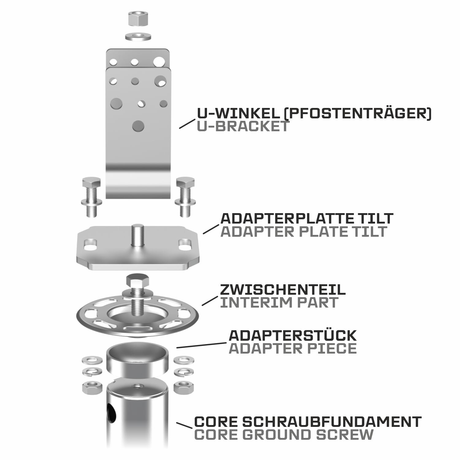 Lot de 2 fondations à vis TILT 100 cm support poteau 8 cm angle en U galvanisé à chaud diamètre 60 x 2 mm M12