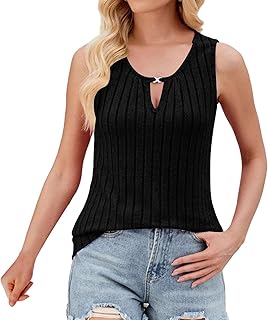 Camiseta sin mangas larga lisa para mujer, cuello redondo, a rayas, cuello de cerradura, color liso, tirantes anchos, para uso diario, casual, al aire libre, blusas para mujeres y niñas