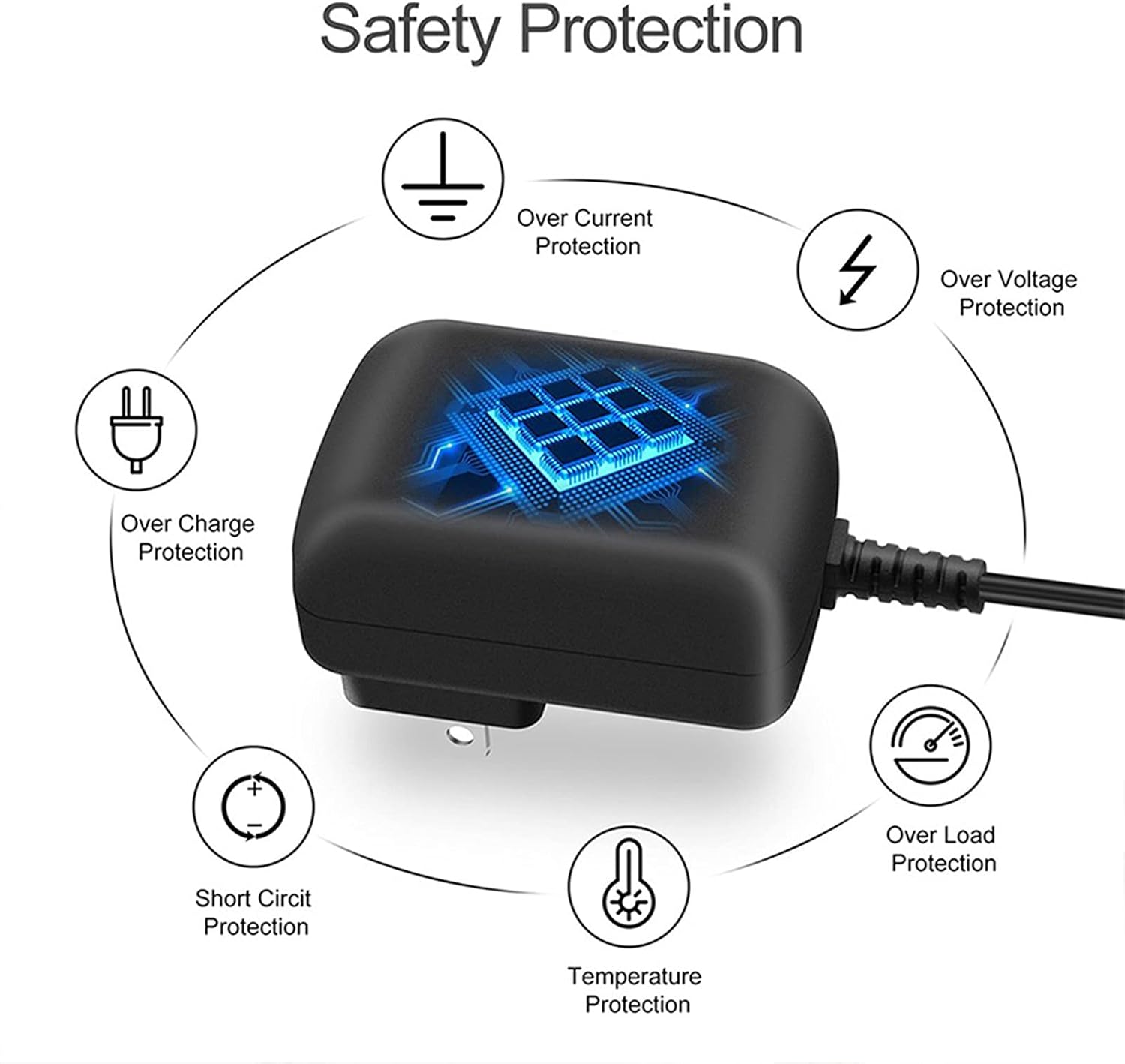 Diagram illustrating safety protections: Over Current, Over Voltage, Over Charge, Short Circuit, Over Load, Temperature Protection