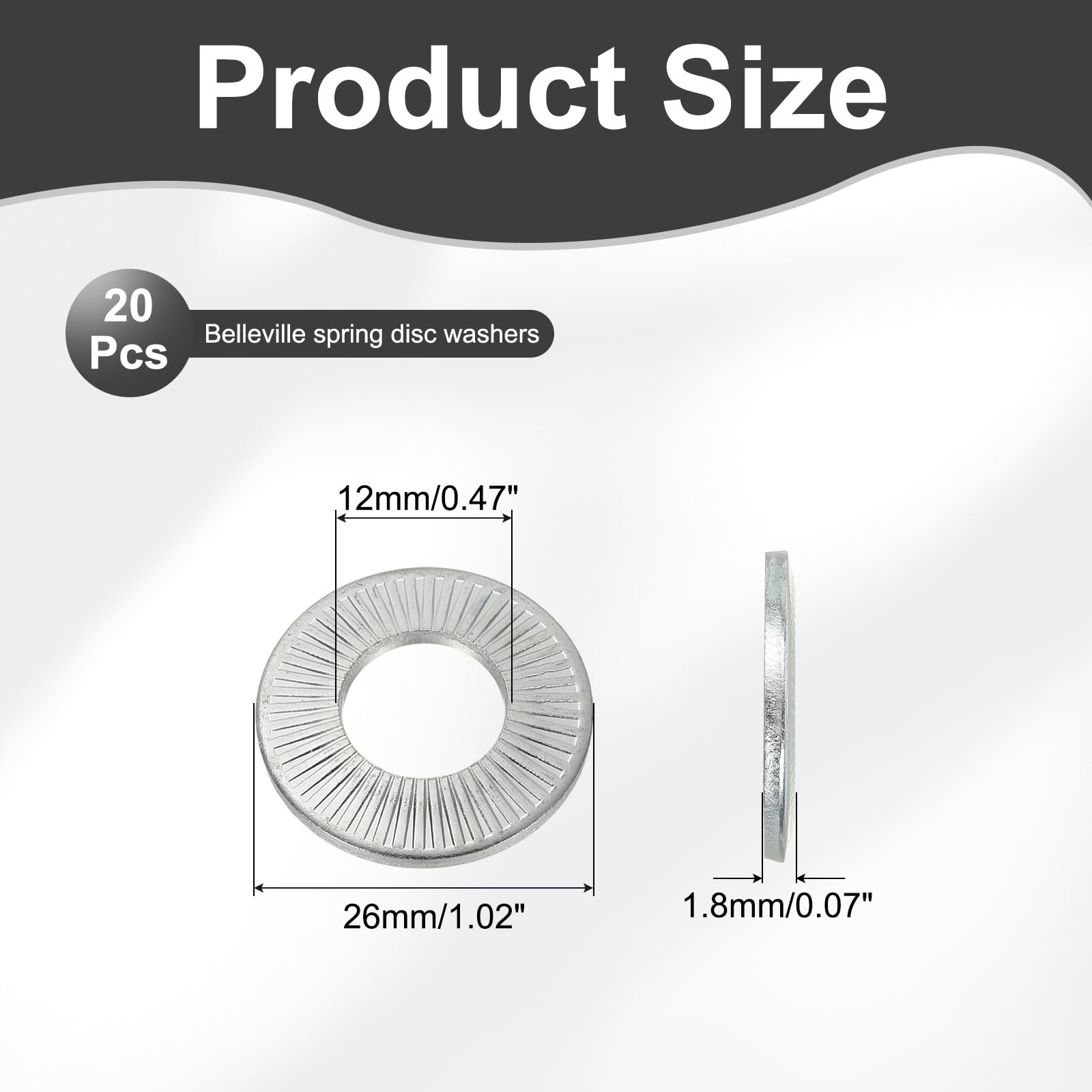 PATIKIL M12x26x1.8mm Flat Washers 20Pcs 65Mn Steel Belleville Spring Disc Washer Conical Knurled Metric Gasket for Automotive Industrial Construction (White Zinc Plating) - Image 2