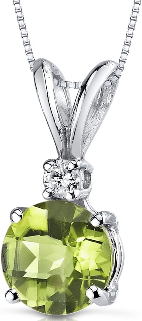 PEORA 14K White Gold Peridot and Diamond Pendant, Genuine Gemstone Elegant Solitaire, Round Shape, 6.50mm, 1 Carat total, Real Gold Peridot Jewelry, August Birthstone Necklace, w/Jewelry Box