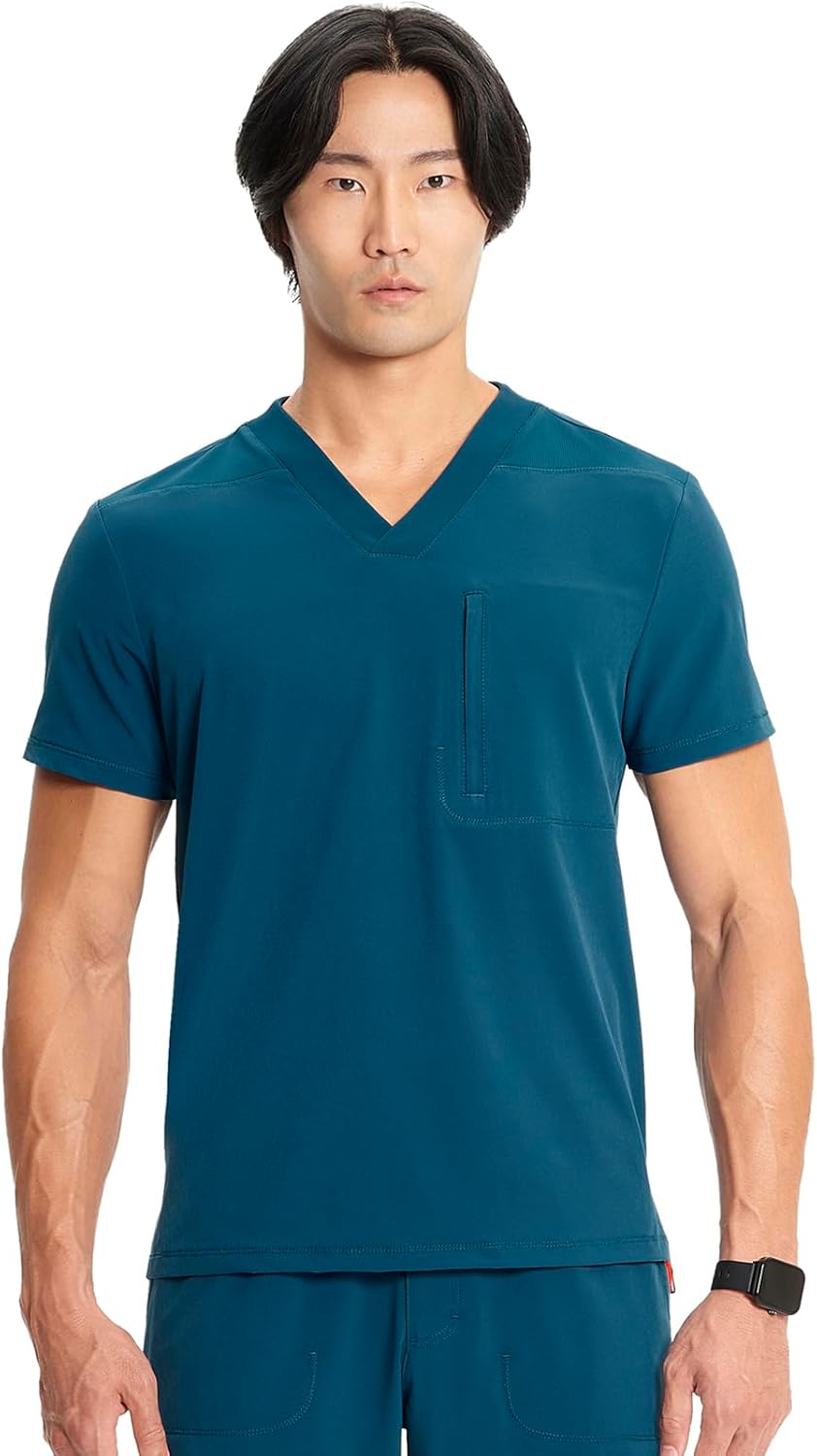 Cherokee Infinity Mens V-Neck Scrub Top, 1 Zip Chest Pocket, Rib-Knit Neckline, Side Vents – IN700A